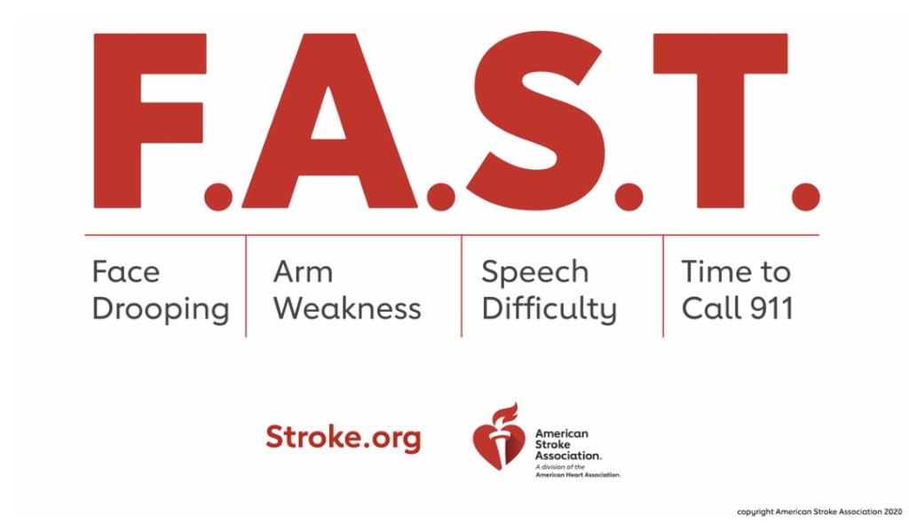 FAST acronym for signs of a stroke: Face Drooping, Arm Weakness, Speech Difficulty, Time to Call 911