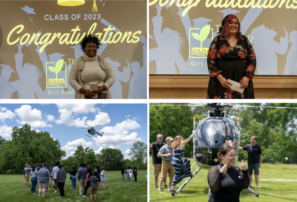 Collage of images of The Legacy Project graduation, including students giving speeches and students prepping for helicopter rides