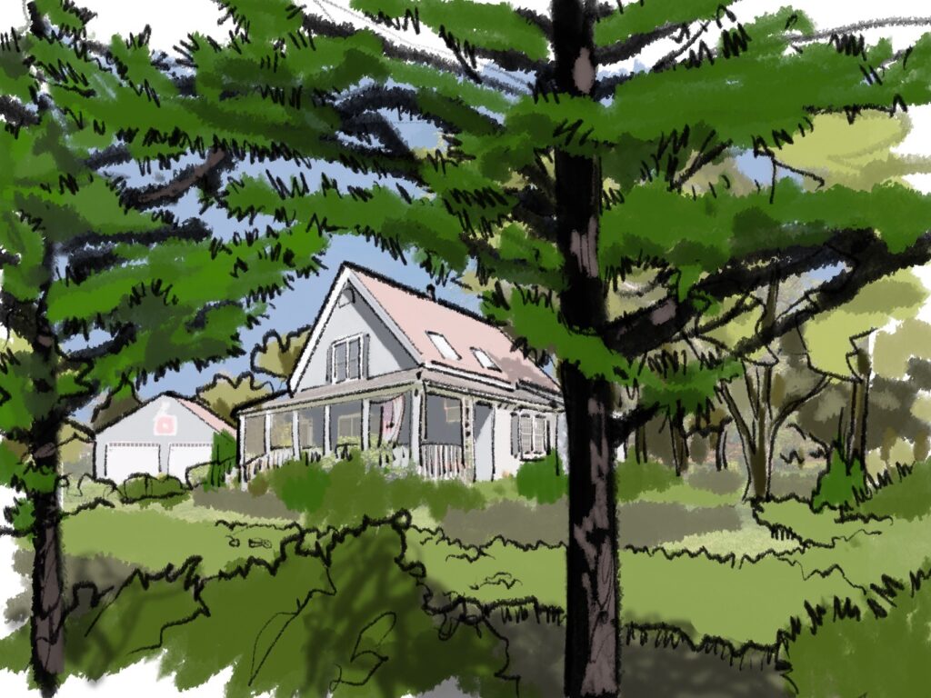 Sketch of green trees and grass with a home peeking through the branches