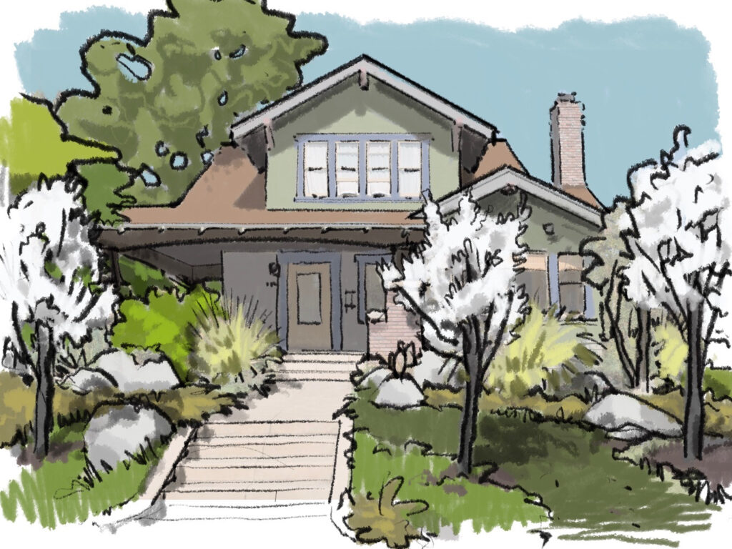 Color sketch of a home surrounded by grass and native plants