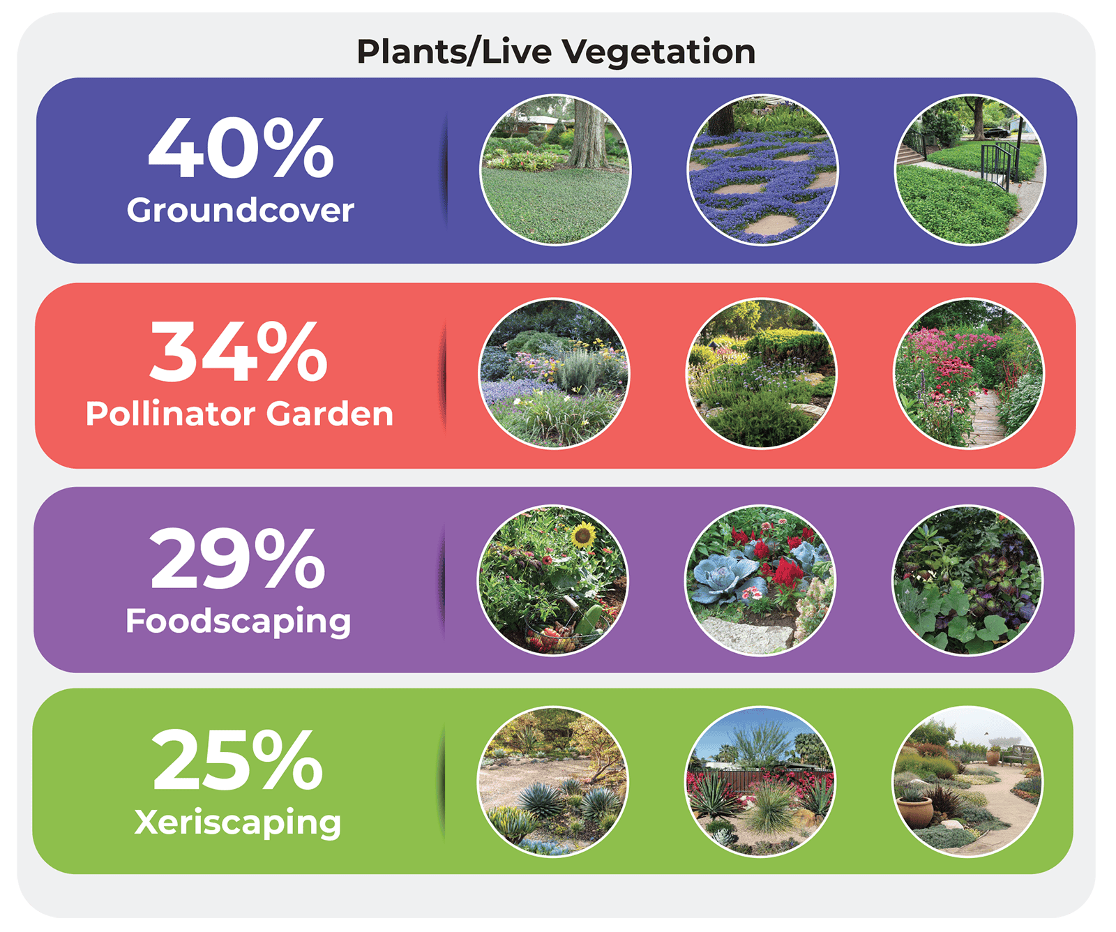 Graphic that reads: Plants/live vegetation, 40% Groundcover, 34% Pollinator Garden, 29% Foodscaping, 25% Xeriscaping